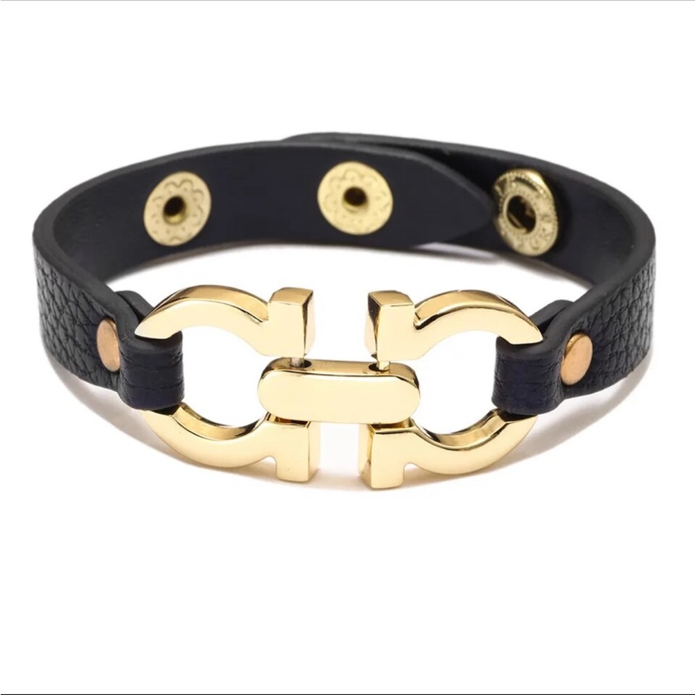 Unisex Black Faux Leather Bracelet with Gold Buckle Detail